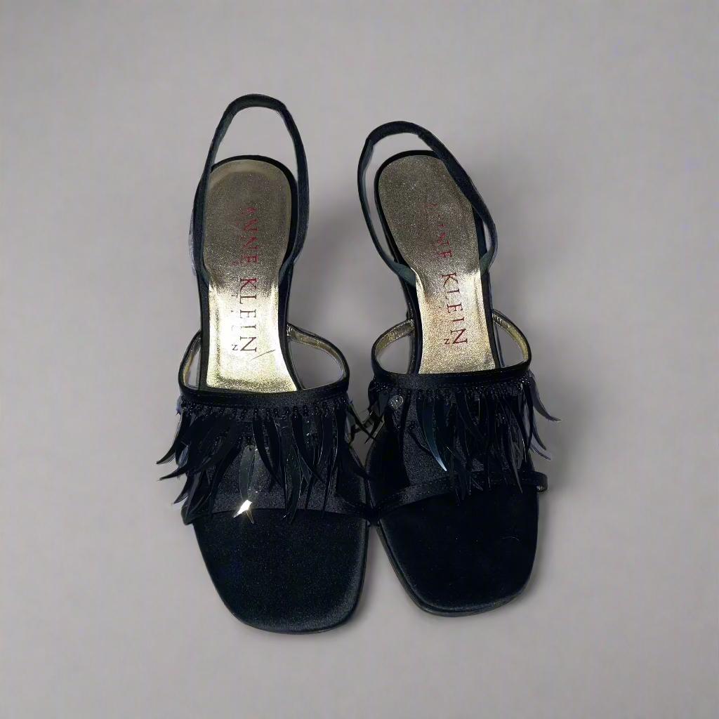 Anne Klein Collection Black Plastic Fringe Slingback Sandal Heel