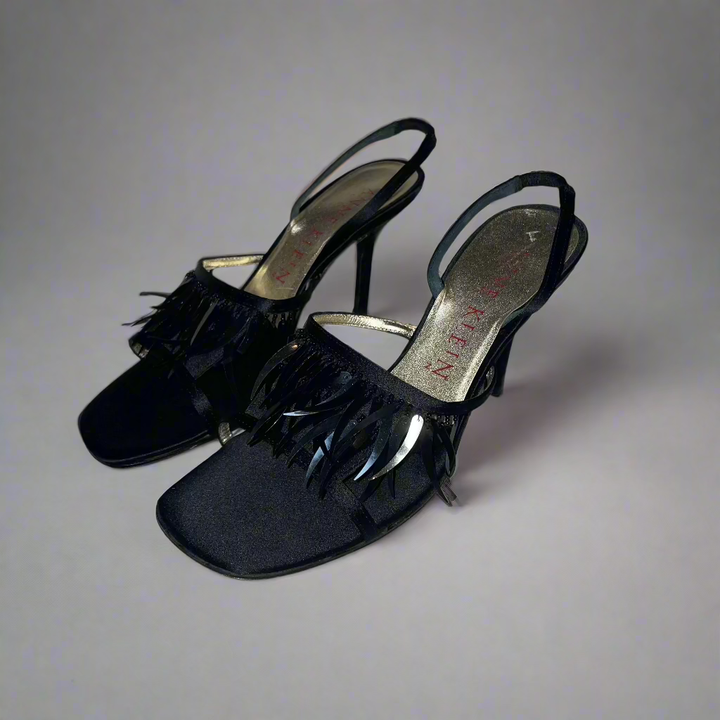 Anne Klein Collection Black Plastic Fringe Slingback Sandal Heel