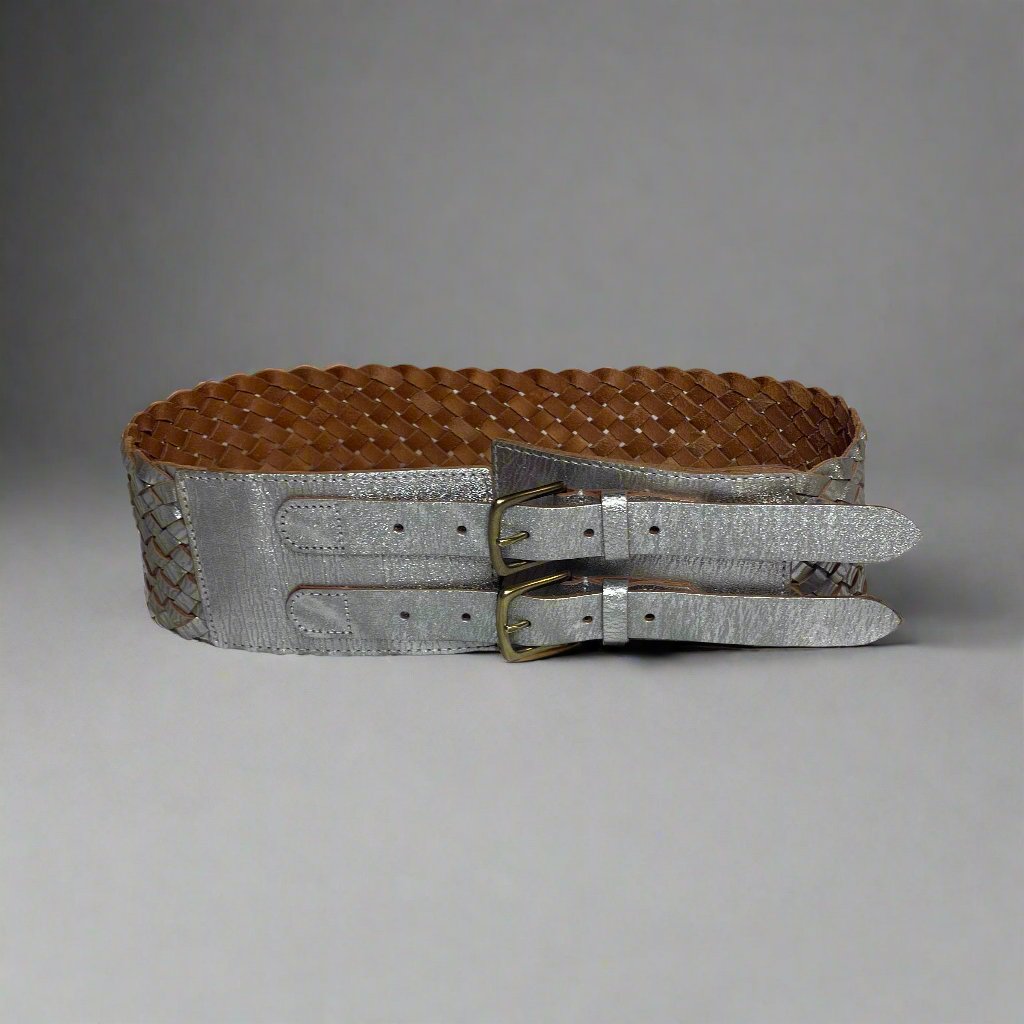 Linea Pelle Silver Woven Leather Belt with Double Buckle Closure