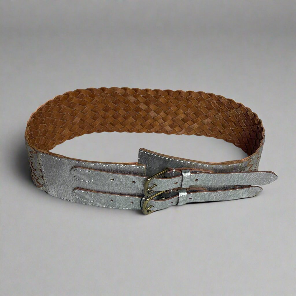 Linea Pelle Silver Woven Leather Belt with Double Buckle Closure