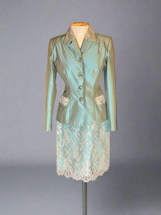 Patricia Rhodes Couture Teal with Tan Lace Skirt Suit