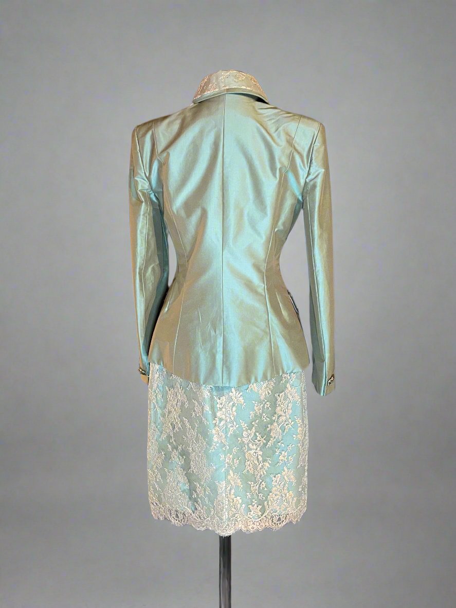 Patricia Rhodes Couture Teal with Tan Lace Skirt Suit