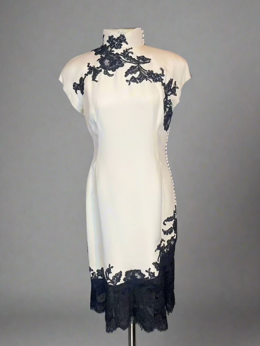 Patricia Rhodes Couture Ivory Dress with Black Lace and Buttons