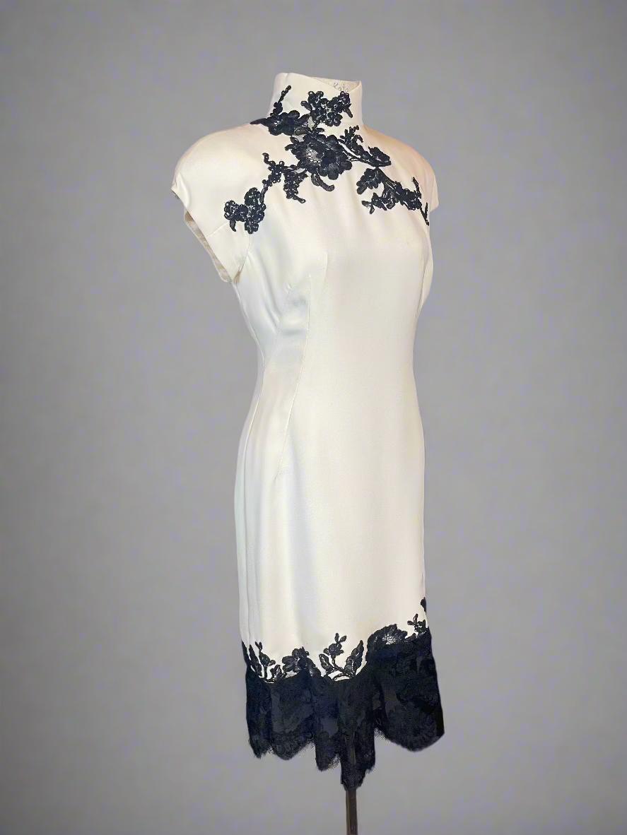 Patricia Rhodes Couture Ivory Dress with Black Lace and Buttons