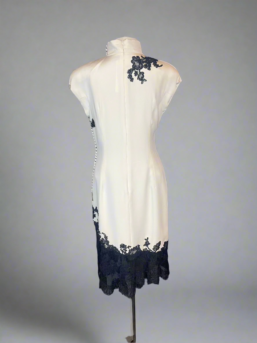 Patricia Rhodes Couture Ivory Dress with Black Lace and Buttons