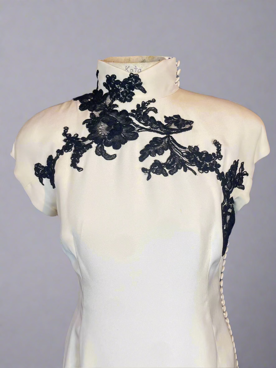 Patricia Rhodes Couture Ivory Dress with Black Lace and Buttons