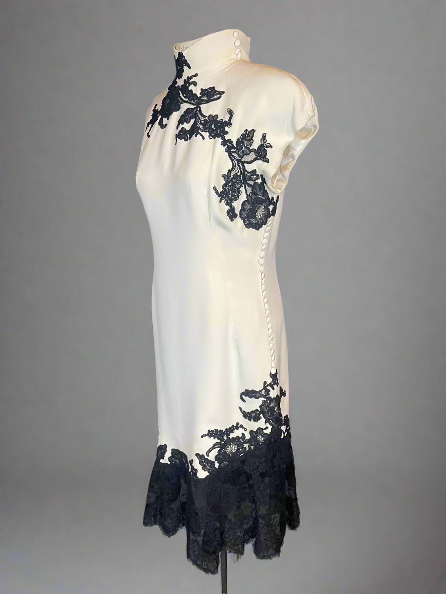 Patricia Rhodes Couture Ivory Dress with Black Lace and Buttons